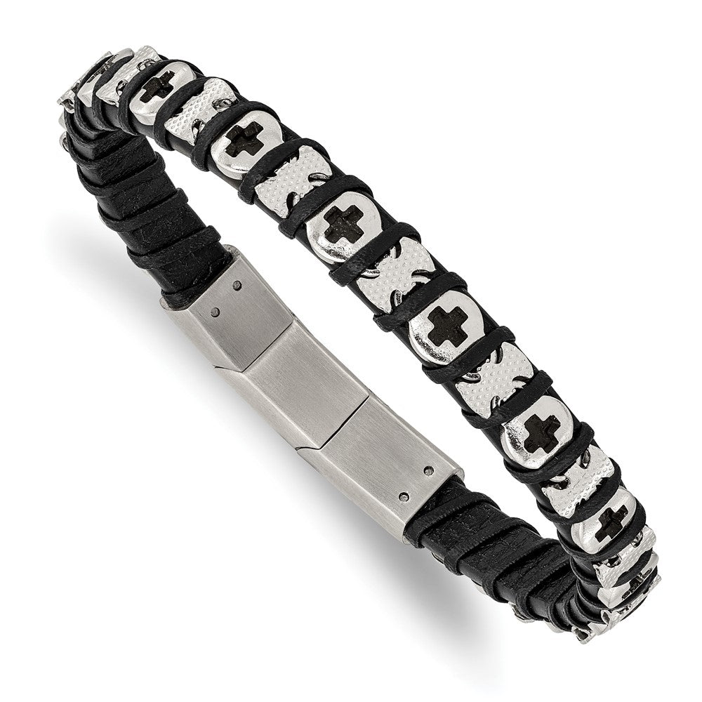 9mm Stainless Steel &amp; Black Leather Adjustable Cross Bracelet, 8 Inch, Item B18903 by The Black Bow Jewelry Co.