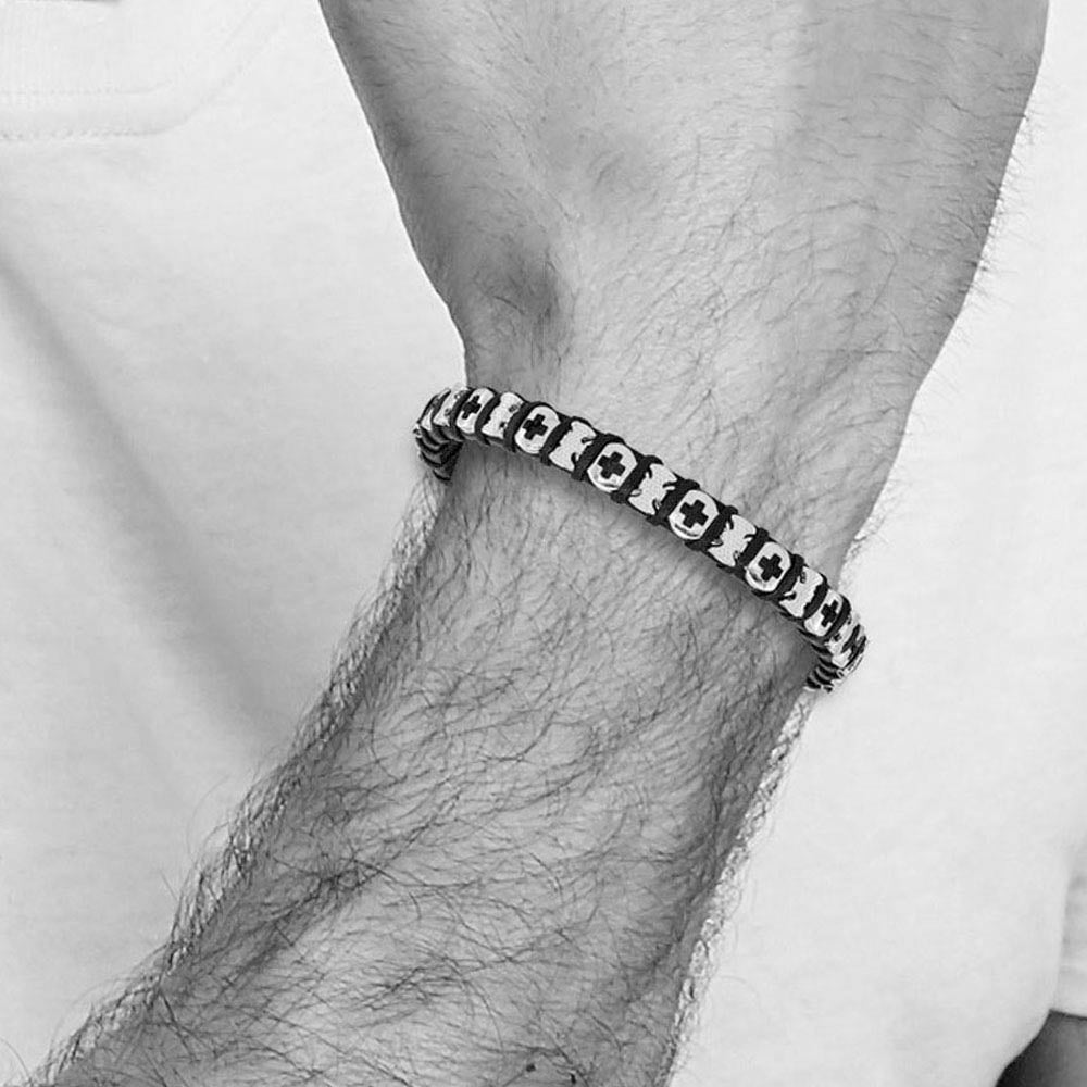 Alternate view of the 9mm Stainless Steel & Black Leather Adjustable Cross Bracelet, 8 Inch by The Black Bow Jewelry Co.