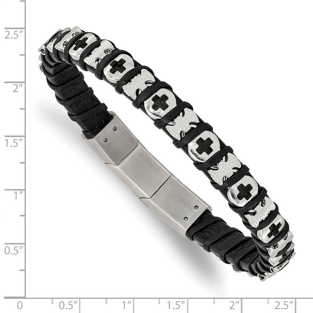 Alternate view of the 9mm Stainless Steel & Black Leather Adjustable Cross Bracelet, 8 Inch by The Black Bow Jewelry Co.