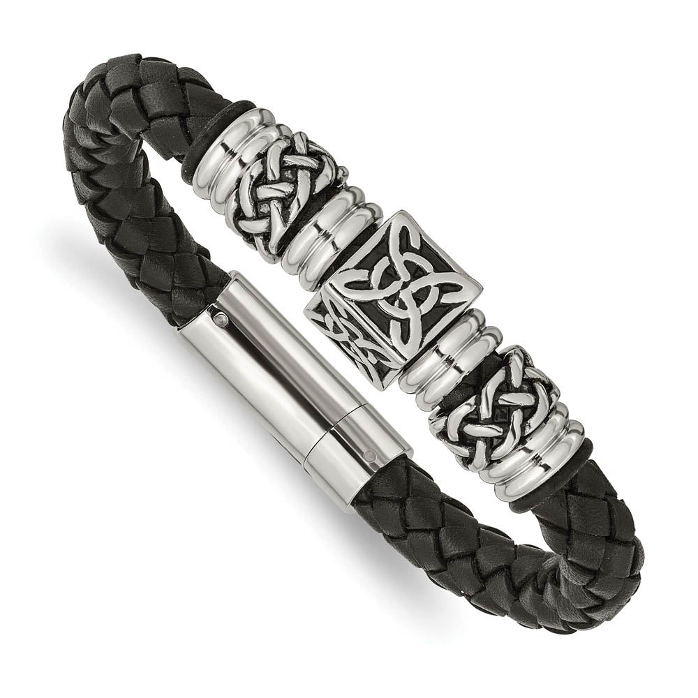 Stainless Steel & Black Leather 13mm Celtic Knot Bracelet, 8.5 Inch, Item B18904 by The Black Bow Jewelry Co.