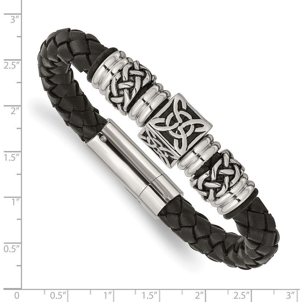 Chisel Stainless Steel Antiqued and Polished Dragon Black Braided Leather 8.5  inch Bracelet - Quality Gold