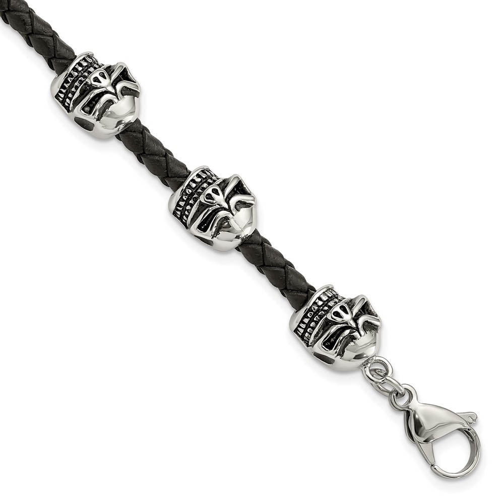 Stainless Steel & Black Leather Antiqued Skulls Bead Bracelet, 8.5 In, Item B18905 by The Black Bow Jewelry Co.