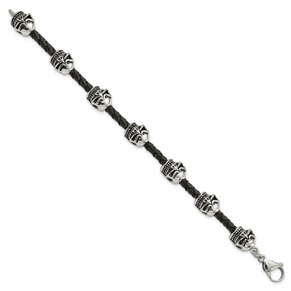 Alternate view of the Stainless Steel & Black Leather Antiqued Skulls Bead Bracelet, 8.5 In by The Black Bow Jewelry Co.