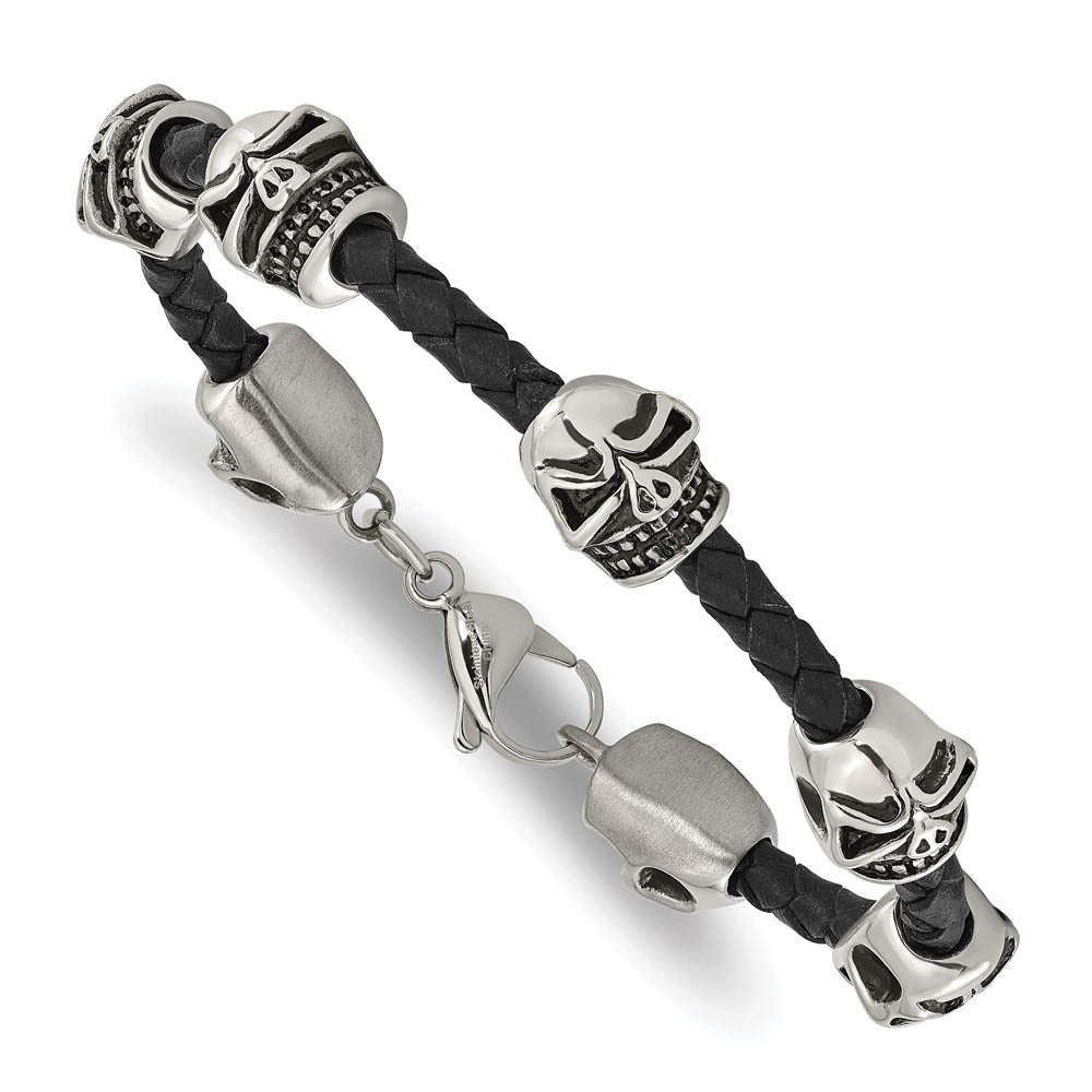 Alternate view of the Stainless Steel & Black Leather Antiqued Skulls Bead Bracelet, 8.5 In by The Black Bow Jewelry Co.