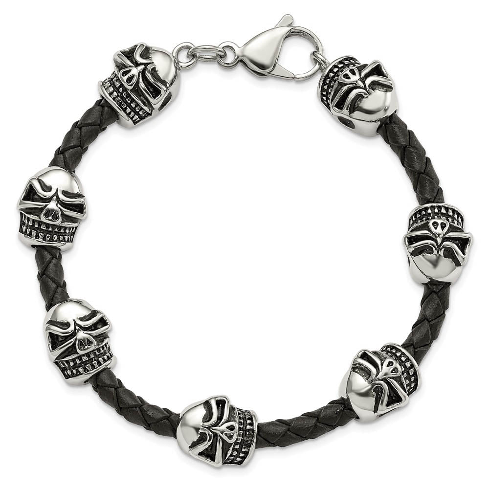 Alternate view of the Stainless Steel & Black Leather Antiqued Skulls Bead Bracelet, 8.5 In by The Black Bow Jewelry Co.