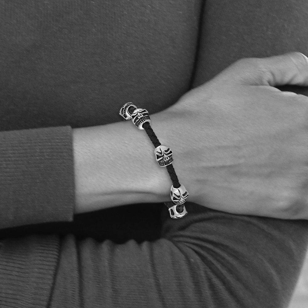 Alternate view of the Stainless Steel & Black Leather Antiqued Skulls Bead Bracelet, 8.5 In by The Black Bow Jewelry Co.