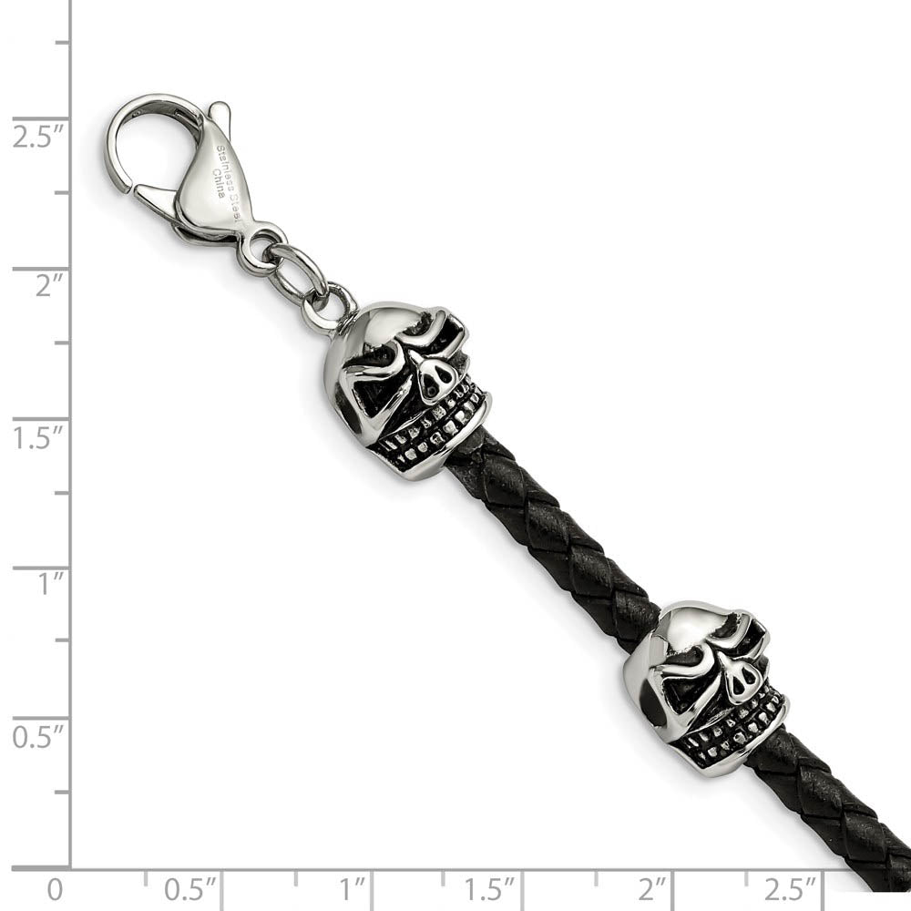Alternate view of the Stainless Steel & Black Leather Antiqued Skulls Bead Bracelet, 8.5 In by The Black Bow Jewelry Co.