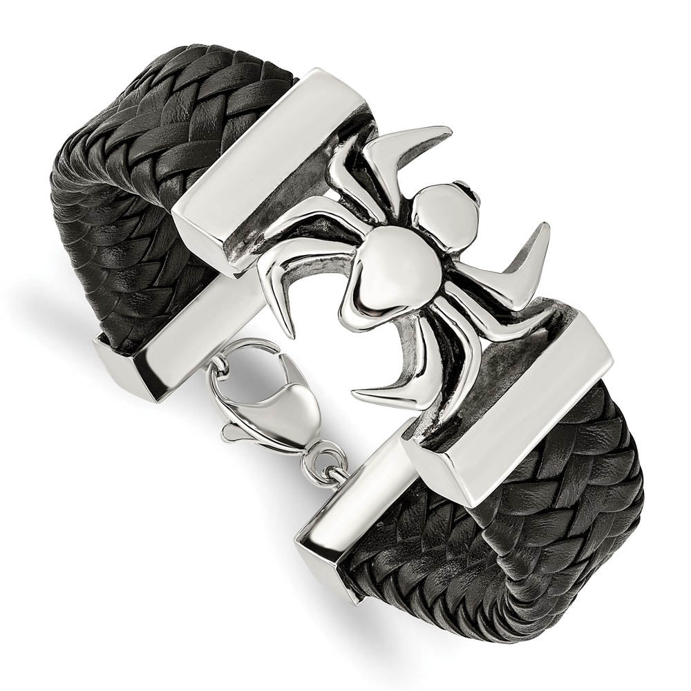 Men's Stainless Steel & Black Leather Large Spider Bracelet, 8.5 Inch, Item B18906 by The Black Bow Jewelry Co.
