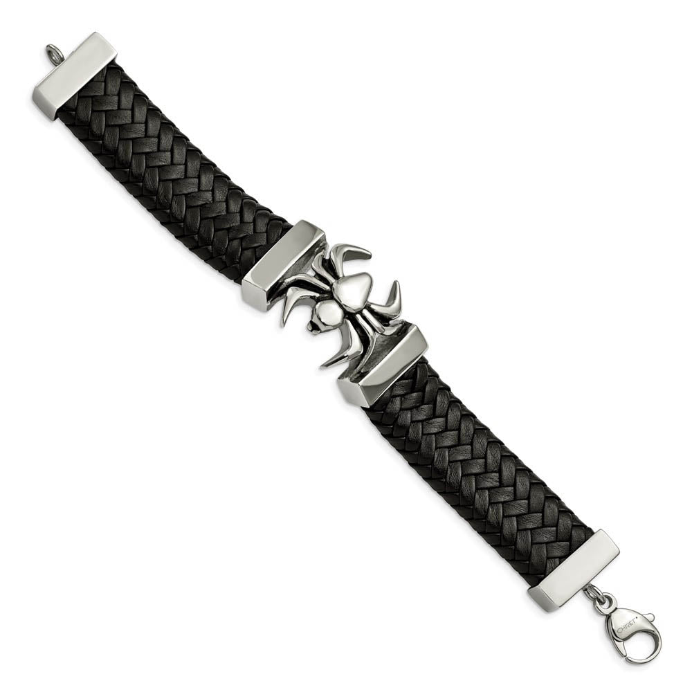 Alternate view of the Men's Stainless Steel & Black Leather Large Spider Bracelet, 8.5 Inch by The Black Bow Jewelry Co.