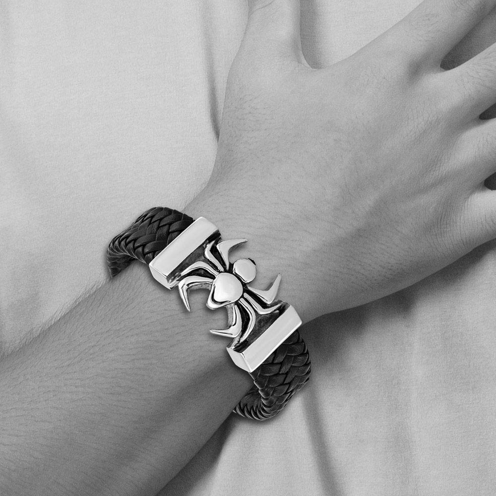 Alternate view of the Men's Stainless Steel & Black Leather Large Spider Bracelet, 8.5 Inch by The Black Bow Jewelry Co.