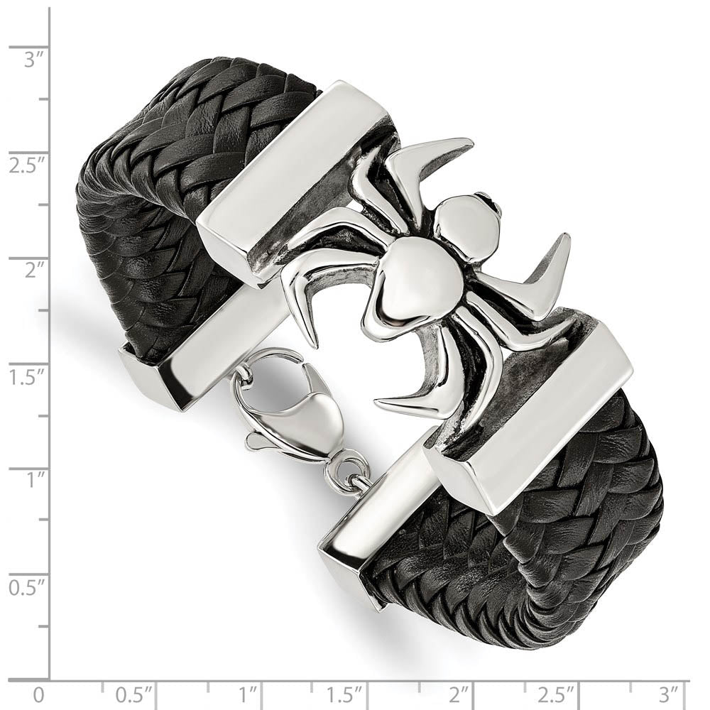 Alternate view of the Men's Stainless Steel & Black Leather Large Spider Bracelet, 8.5 Inch by The Black Bow Jewelry Co.