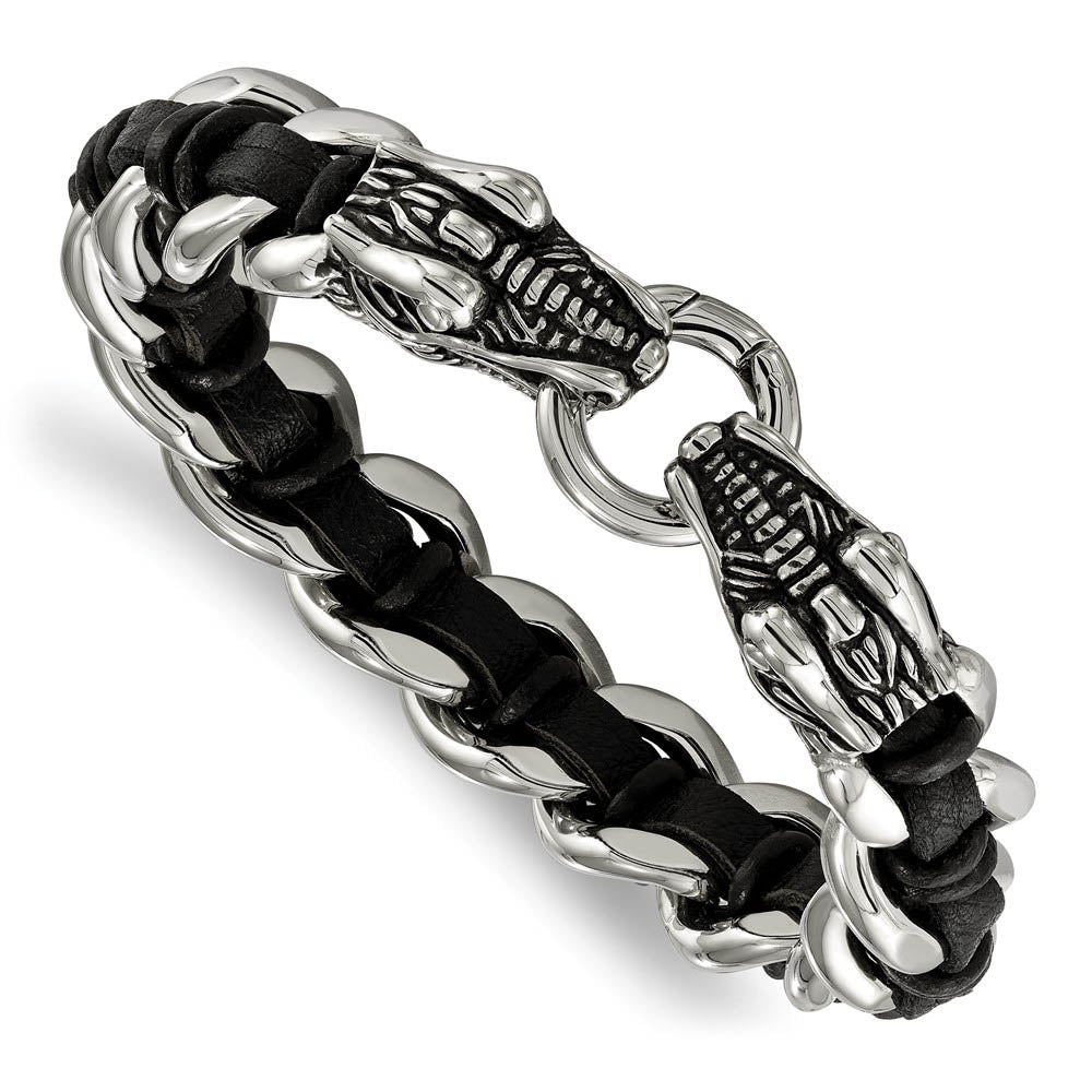 Stainless Steel & Black Leather Dragon Head Curb Link Bracelet, 8.5 In, Item B18907 by The Black Bow Jewelry Co.