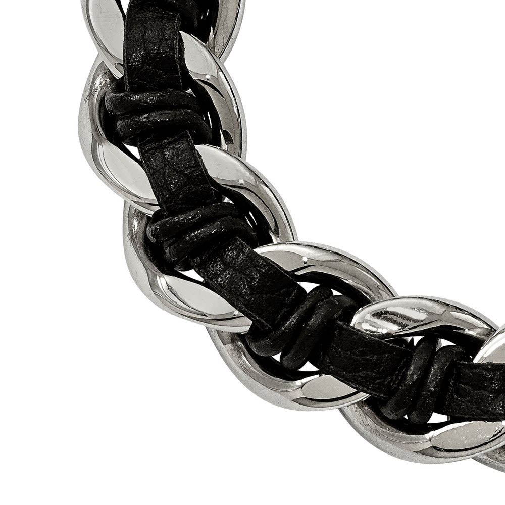 Alternate view of the Stainless Steel & Black Leather Dragon Head Curb Link Bracelet, 8.5 In by The Black Bow Jewelry Co.