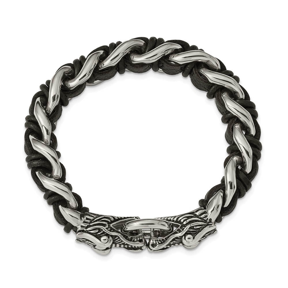 Alternate view of the Stainless Steel & Black Leather Dragon Head Curb Link Bracelet, 8.5 In by The Black Bow Jewelry Co.