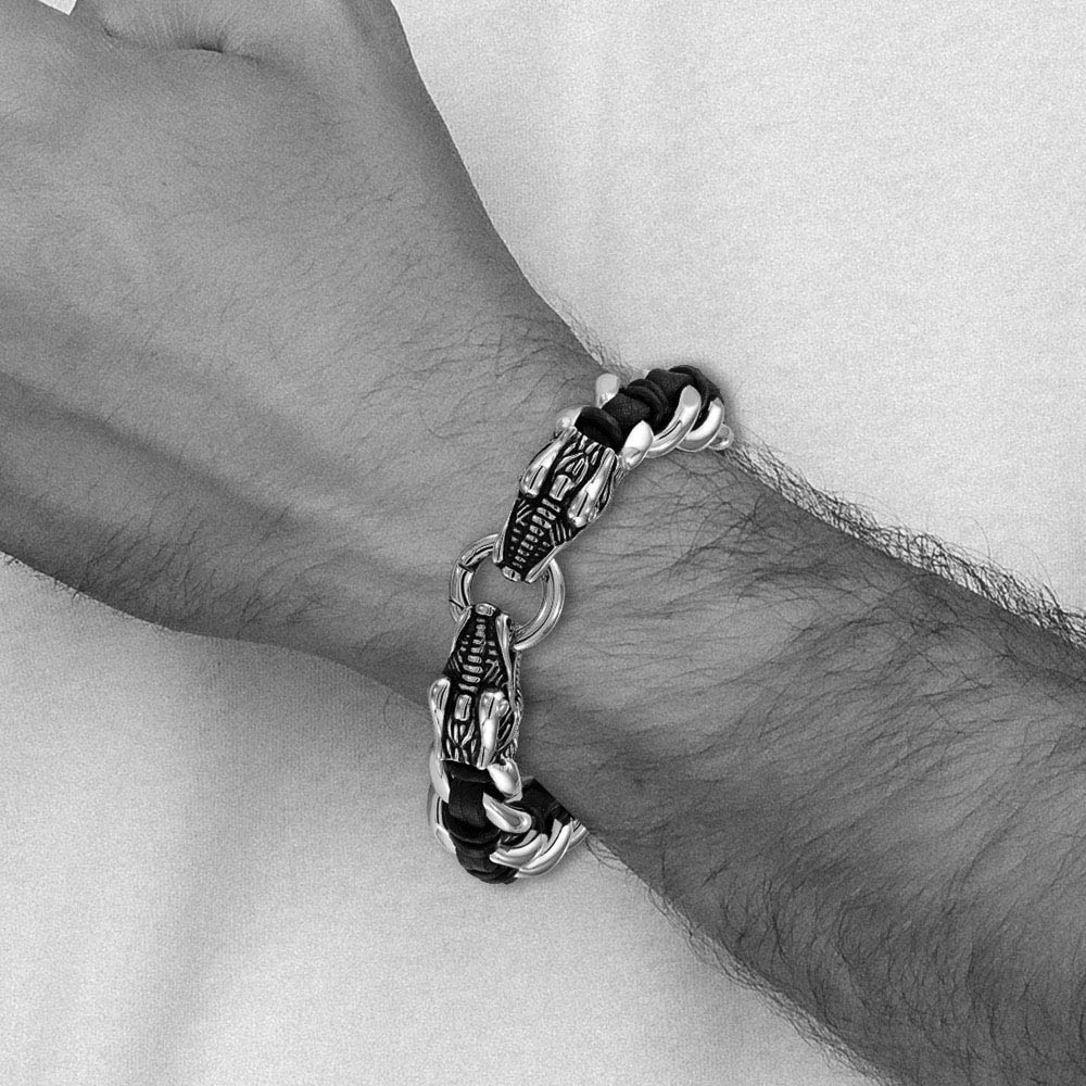 Alternate view of the Stainless Steel & Black Leather Dragon Head Curb Link Bracelet, 8.5 In by The Black Bow Jewelry Co.