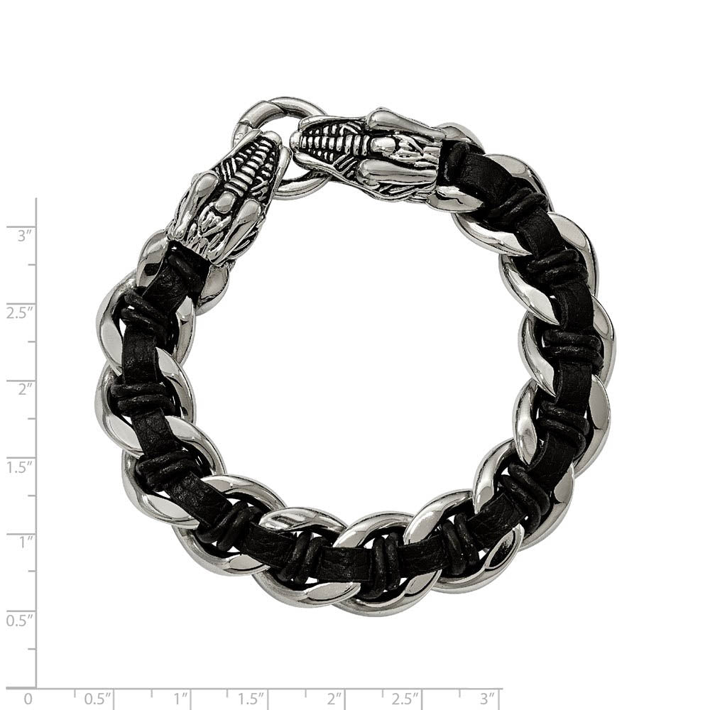 Alternate view of the Stainless Steel & Black Leather Dragon Head Curb Link Bracelet, 8.5 In by The Black Bow Jewelry Co.