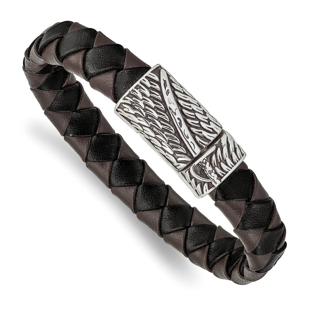 Men's Stainless Steel Black & Brown Leather Sword Bracelet, 8.5 Inch, Item B18908 by The Black Bow Jewelry Co.