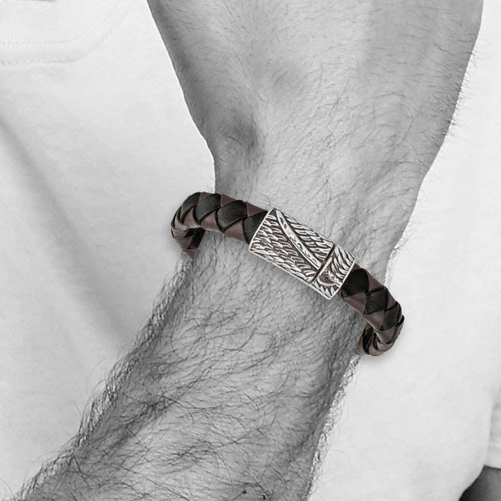 Alternate view of the Men's Stainless Steel Black & Brown Leather Sword Bracelet, 8.5 Inch by The Black Bow Jewelry Co.