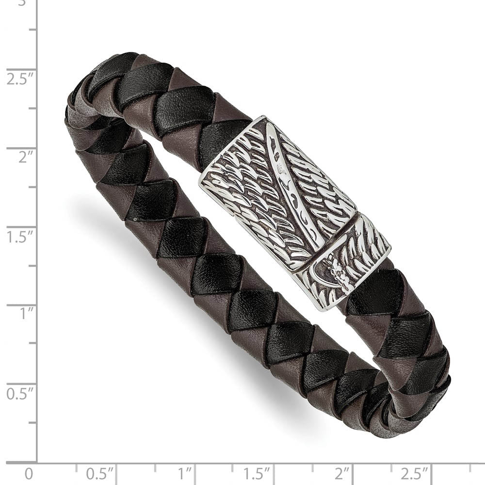 Alternate view of the Men's Stainless Steel Black & Brown Leather Sword Bracelet, 8.5 Inch by The Black Bow Jewelry Co.