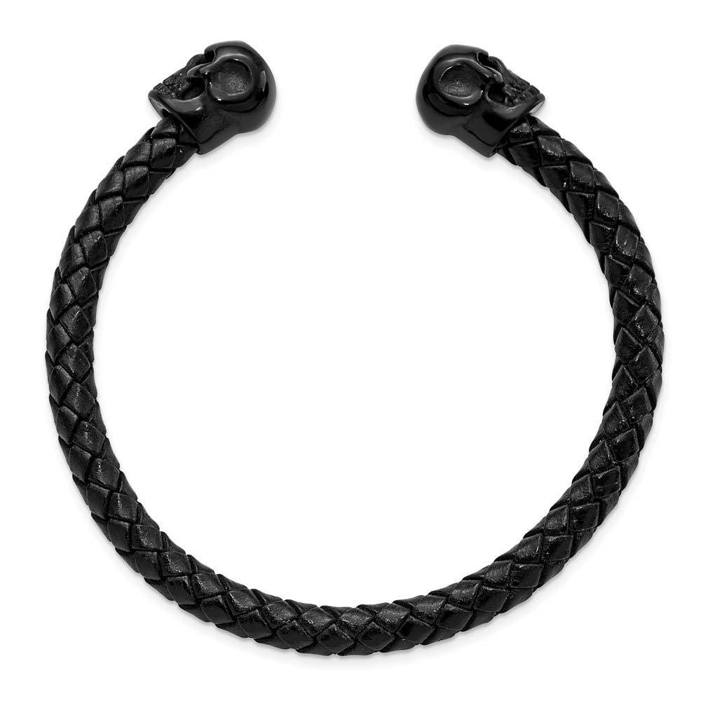 Alternate view of the Black Plated Stainless Steel Black Leather Crystal Skull Cuff Bracelet by The Black Bow Jewelry Co.