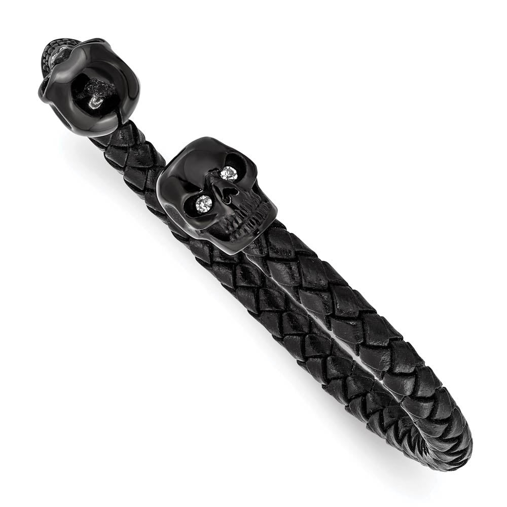 Alternate view of the Black Plated Stainless Steel Black Leather Crystal Skull Cuff Bracelet by The Black Bow Jewelry Co.