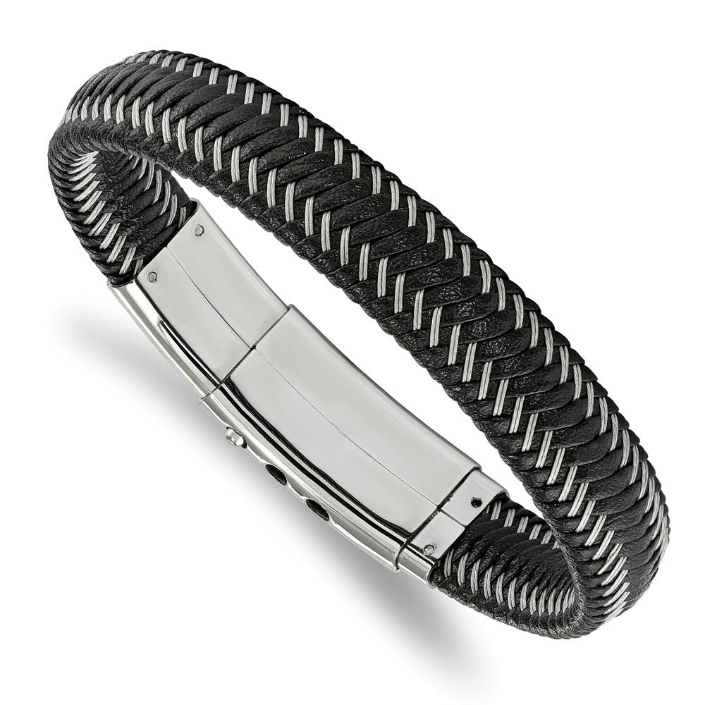 13mm Stainless Steel Black Leather & Braided Wire Bracelet, 8-8.5 Inch, Item B18911 by The Black Bow Jewelry Co.
