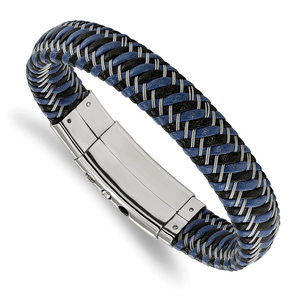 Stainless Steel Black & Blue Leather Braided Adj. Bracelet, 8.25 Inch, Item B18912 by The Black Bow Jewelry Co.