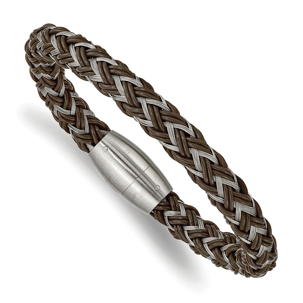 8mm Stainless Steel &amp; Brown Rubber Braided Wire Bracelet, 8.5 Inch, Item B18914 by The Black Bow Jewelry Co.