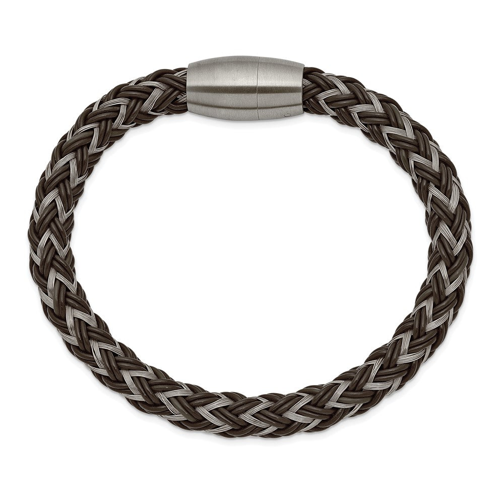 Alternate view of the 8mm Stainless Steel &amp; Brown Rubber Braided Wire Bracelet, 8.5 Inch by The Black Bow Jewelry Co.