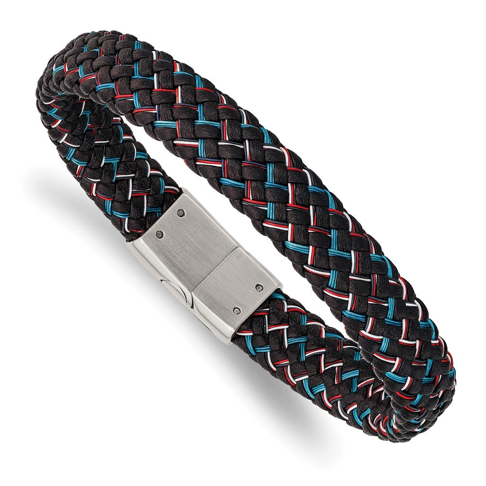 12mm Stainless Steel Black Leather Multicolor Wire Bracelet, 8.25 Inch, Item B18915 by The Black Bow Jewelry Co.