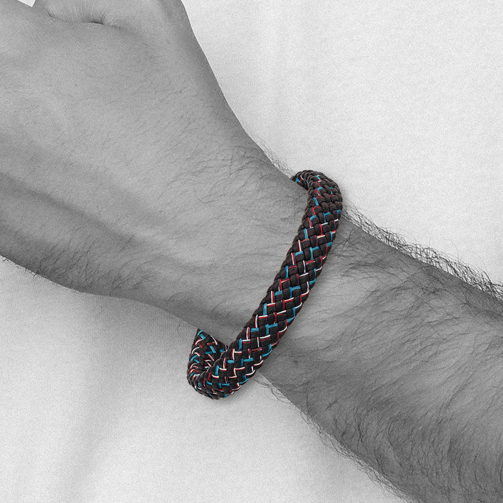 Alternate view of the 12mm Stainless Steel Black Leather Multicolor Wire Bracelet, 8.25 Inch by The Black Bow Jewelry Co.