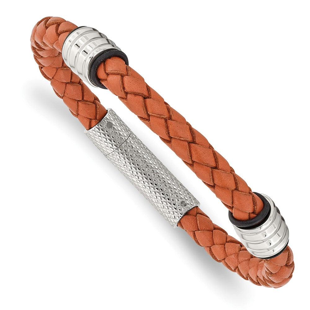 Stainless Steel &amp; Orange Leather Braided Bead Bracelet, 8.25 Inch, Item B18916 by The Black Bow Jewelry Co.