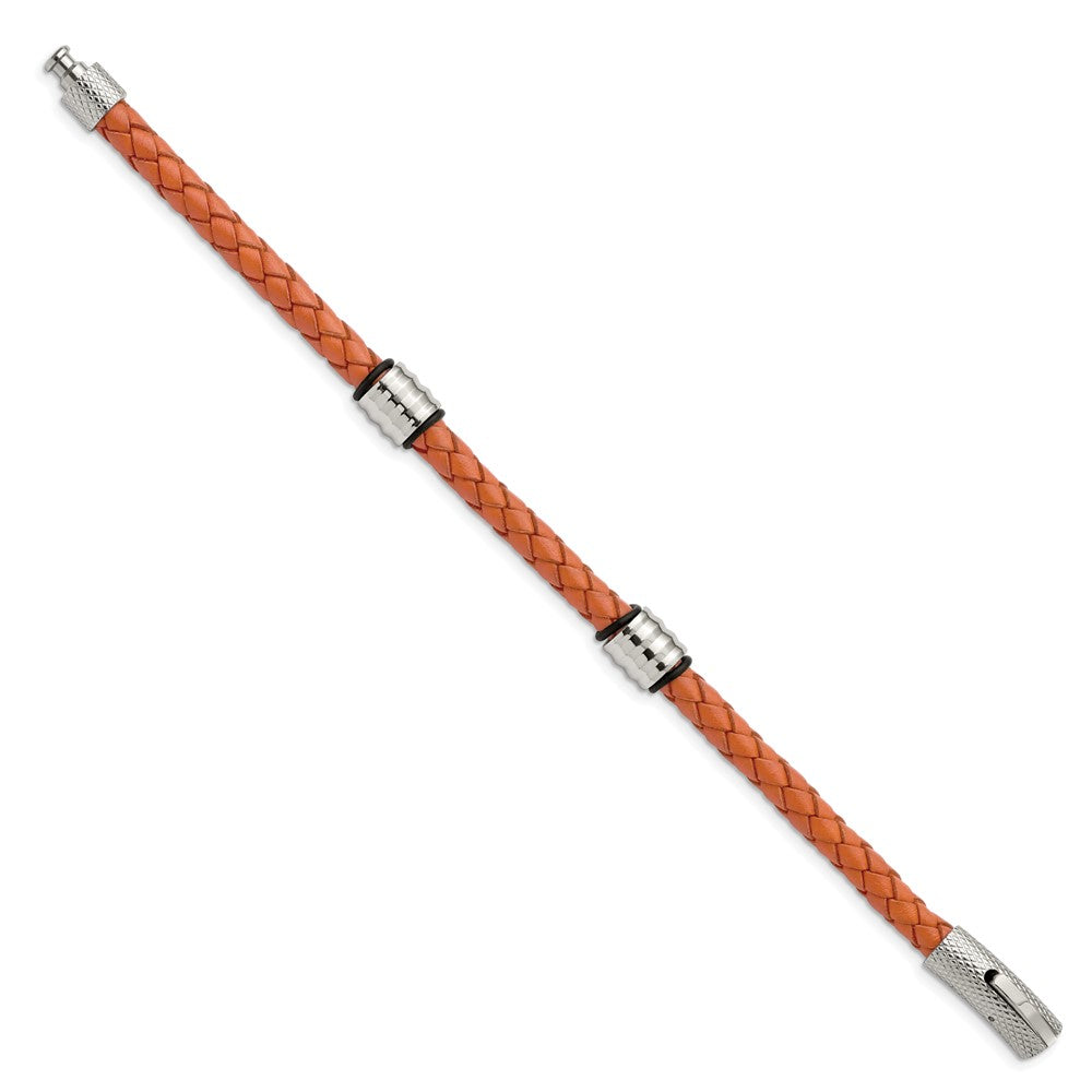 Alternate view of the Stainless Steel &amp; Orange Leather Braided Bead Bracelet, 8.25 Inch by The Black Bow Jewelry Co.