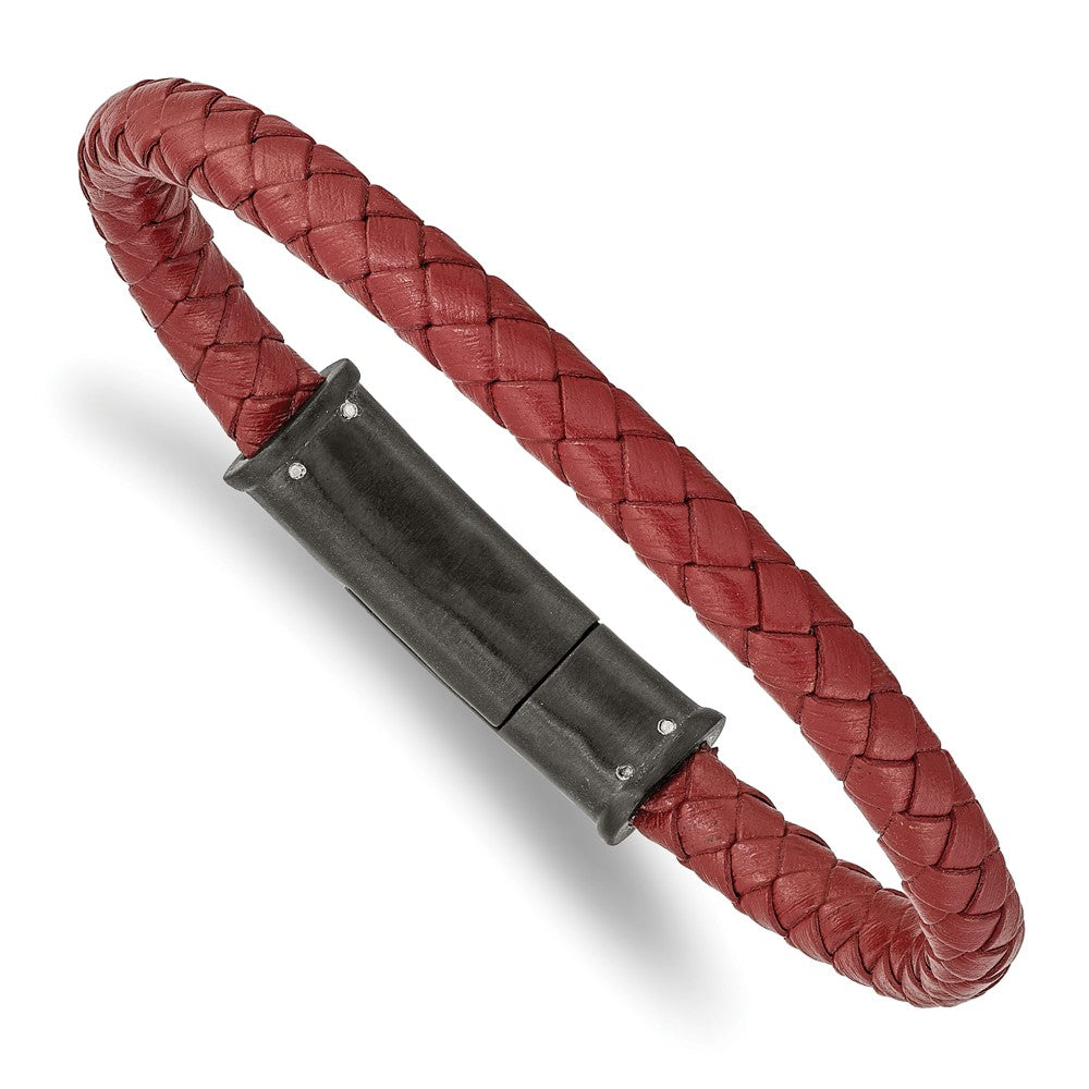 Black Plated Stainless Steel, Red Leather 6mm Braided Bracelet, 8.5 In, Item B18917 by The Black Bow Jewelry Co.