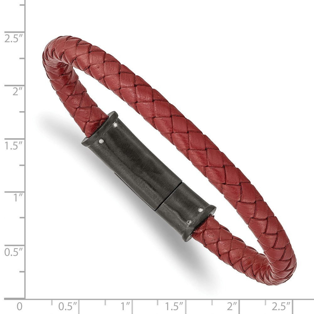 Alternate view of the Black Plated Stainless Steel, Red Leather 6mm Braided Bracelet, 8.5 In by The Black Bow Jewelry Co.