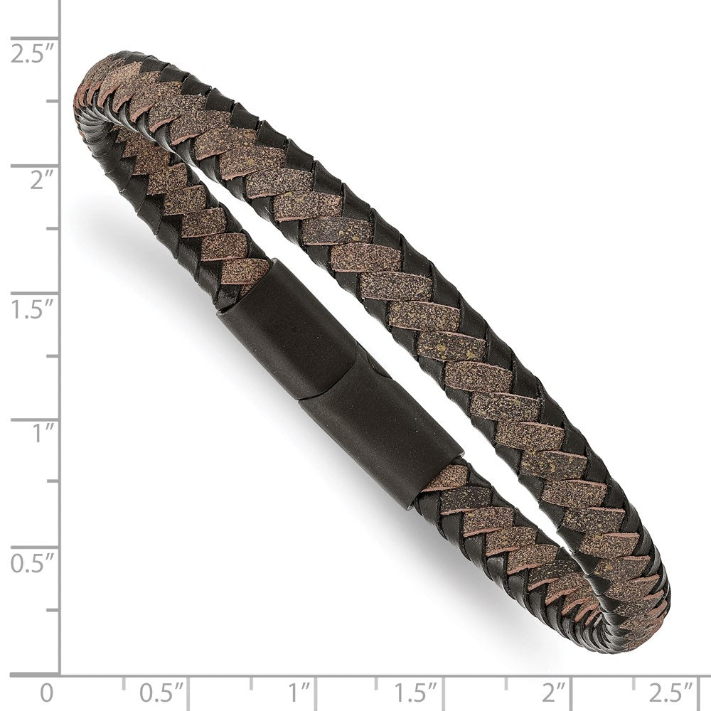 Alternate view of the 7mm Black Plated Stainless Steel Two Tone Leather Bracelet, 8.25 Inch by The Black Bow Jewelry Co.