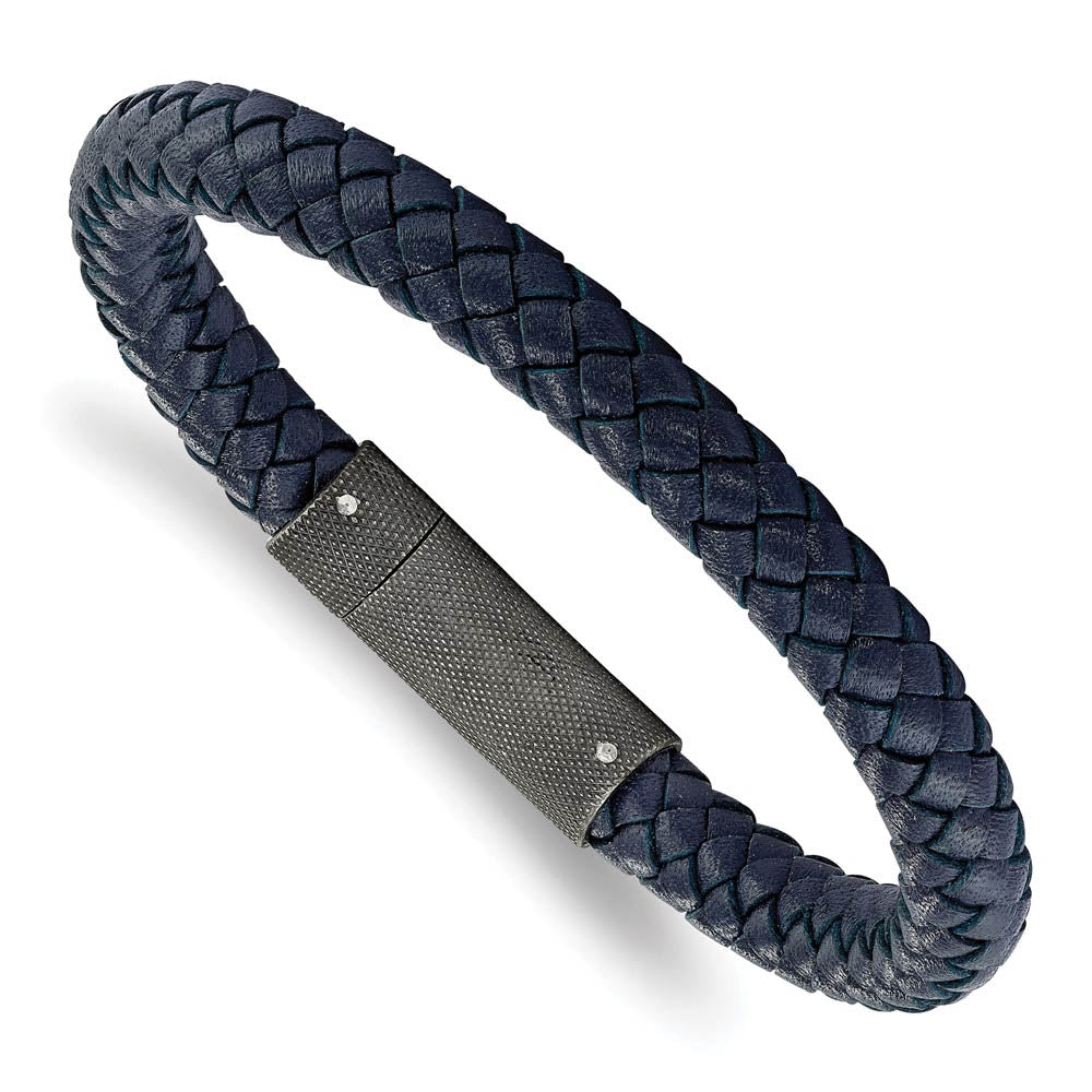 7.8mm Stainless Steel & Blue Leather Braided Bracelet, 8.5 Inch, Item B18920 by The Black Bow Jewelry Co.