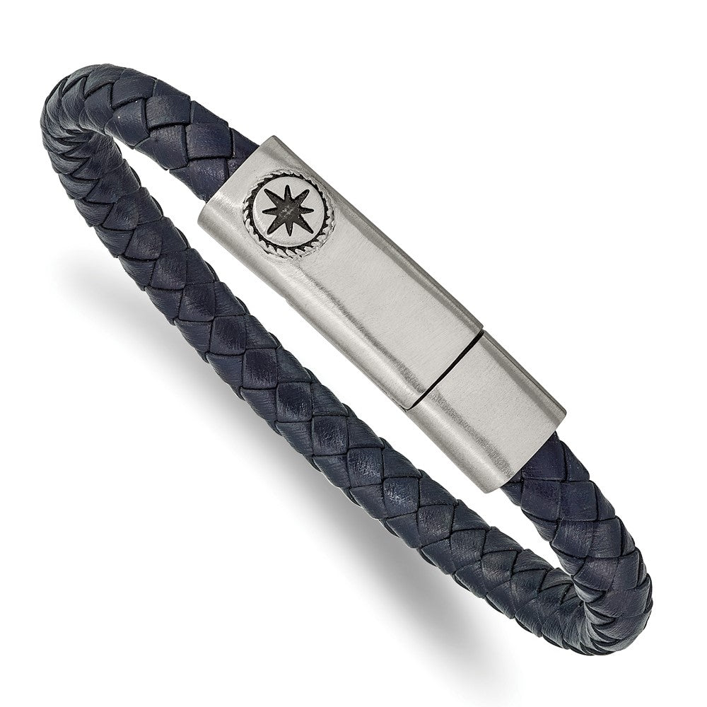 Stainless Steel &amp; Blue Leather Antiqued Compass I.D. Bracelet, 8 Inch, Item B18921 by The Black Bow Jewelry Co.