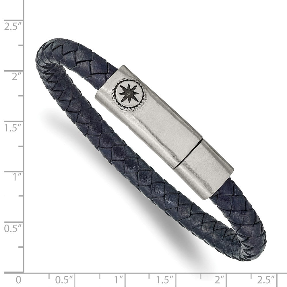 Alternate view of the Stainless Steel &amp; Blue Leather Antiqued Compass I.D. Bracelet, 8 Inch by The Black Bow Jewelry Co.