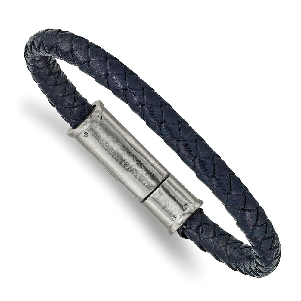 6.5mm Stainless Steel & Navy Blue Braided Leather Bracelet, 8.25 Inch, Item B18922 by The Black Bow Jewelry Co.
