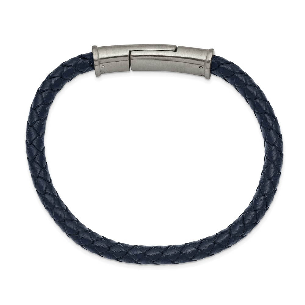 Alternate view of the 6.5mm Stainless Steel & Navy Blue Braided Leather Bracelet, 8.25 Inch by The Black Bow Jewelry Co.