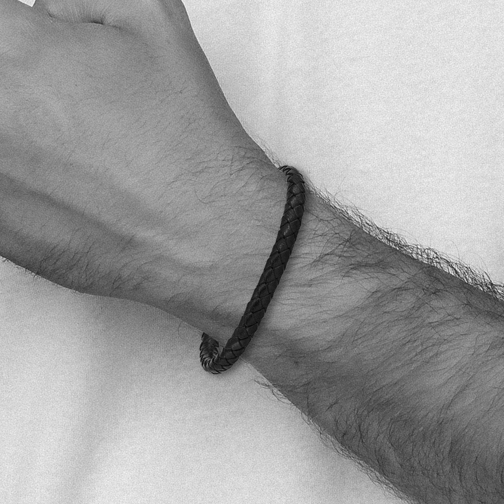 Alternate view of the 6.5mm Stainless Steel & Navy Blue Braided Leather Bracelet, 8.25 Inch by The Black Bow Jewelry Co.