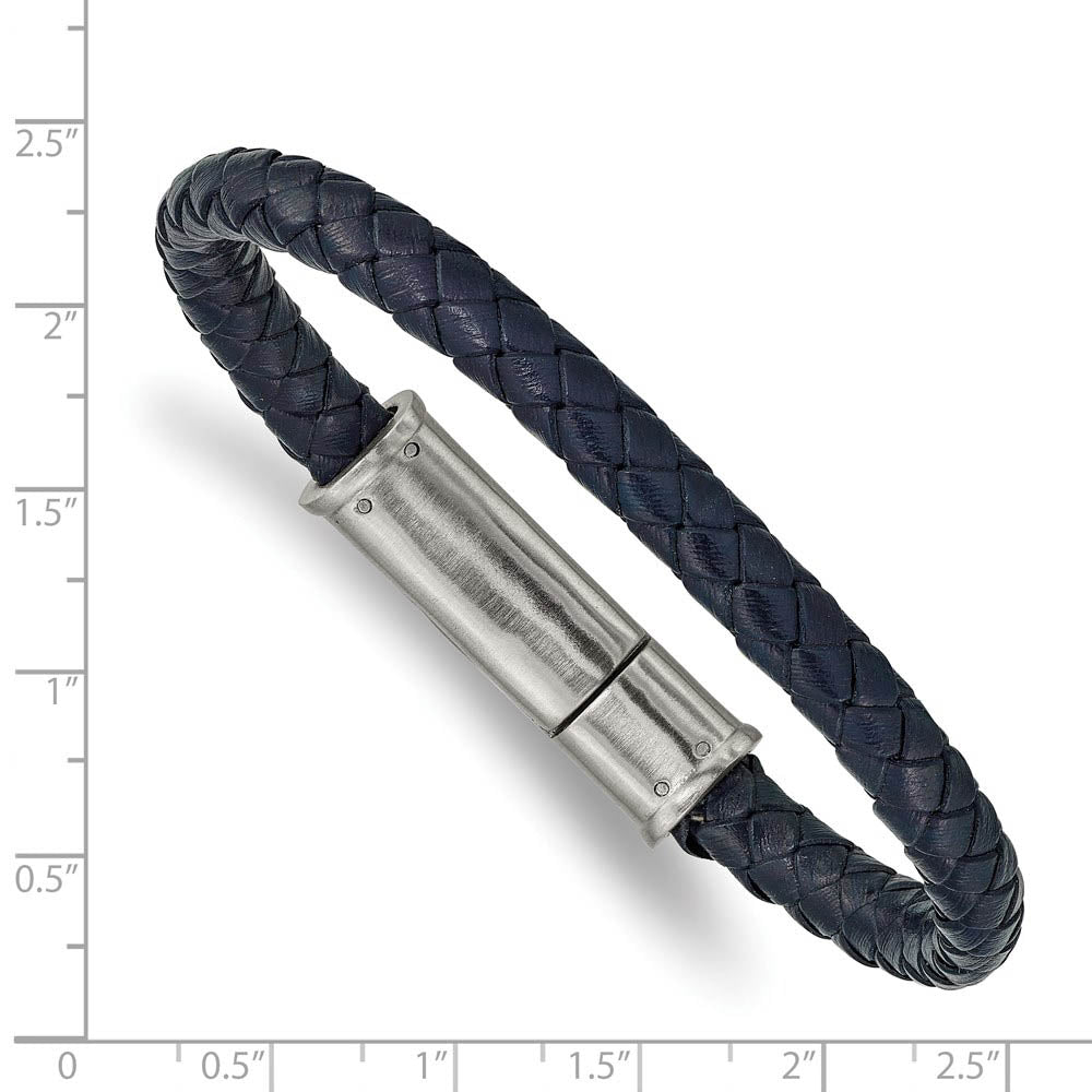 Alternate view of the 6.5mm Stainless Steel & Navy Blue Braided Leather Bracelet, 8.25 Inch by The Black Bow Jewelry Co.