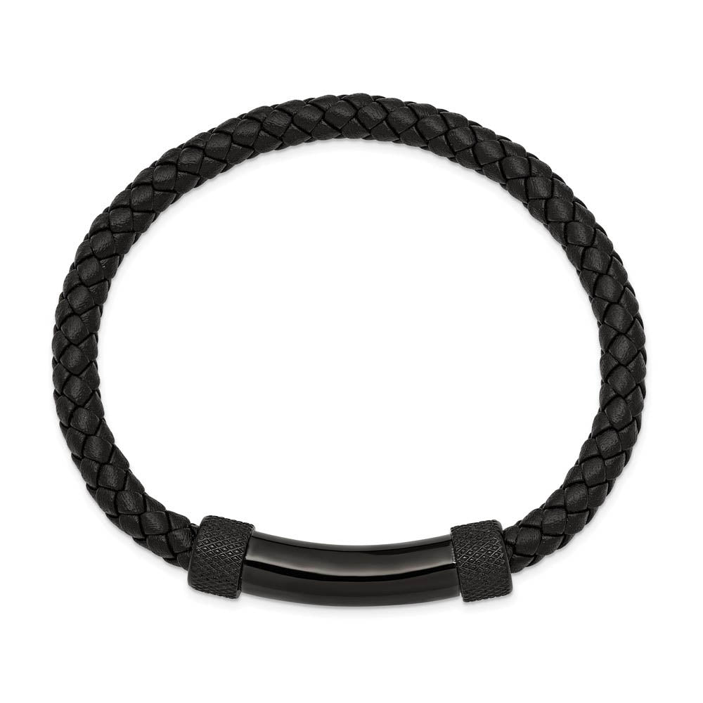 Alternate view of the Black Plated Stainless Steel & Black Leather Bar Bracelet, 8.25 Inch by The Black Bow Jewelry Co.