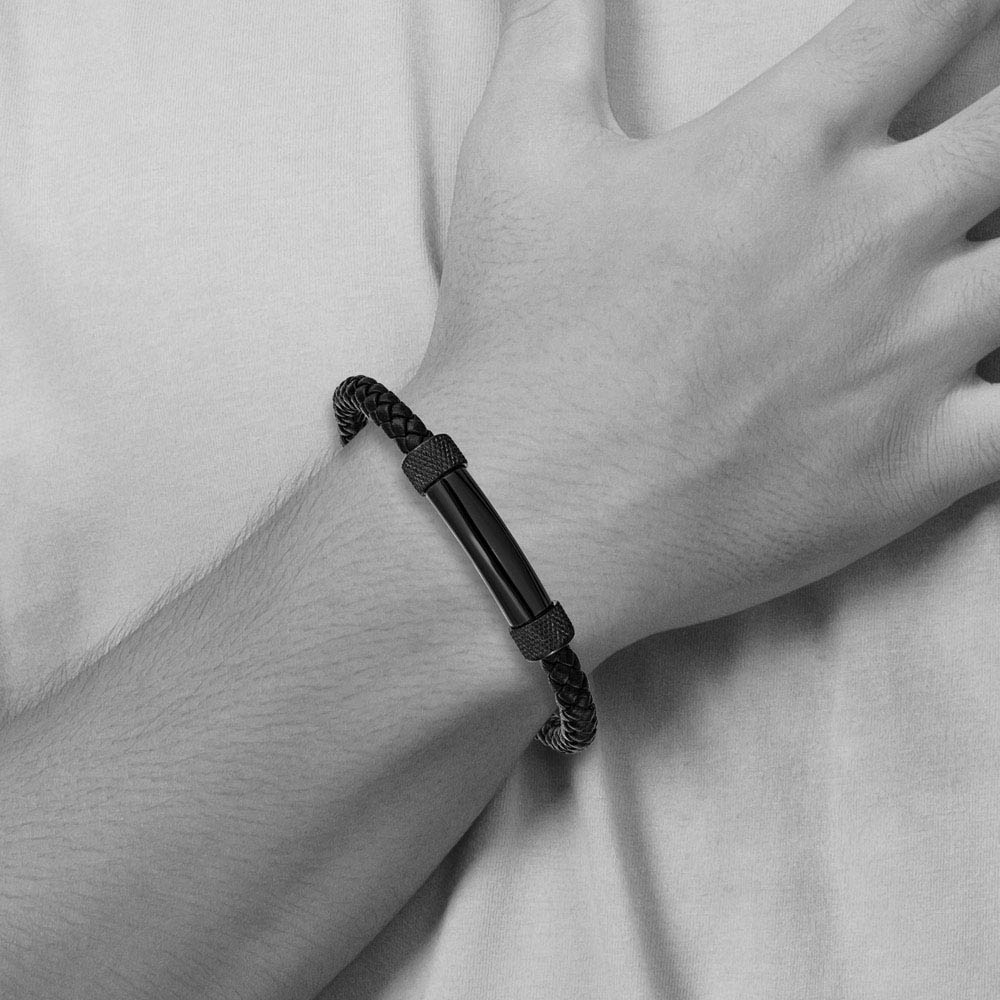 Alternate view of the Black Plated Stainless Steel & Black Leather Bar Bracelet, 8.25 Inch by The Black Bow Jewelry Co.