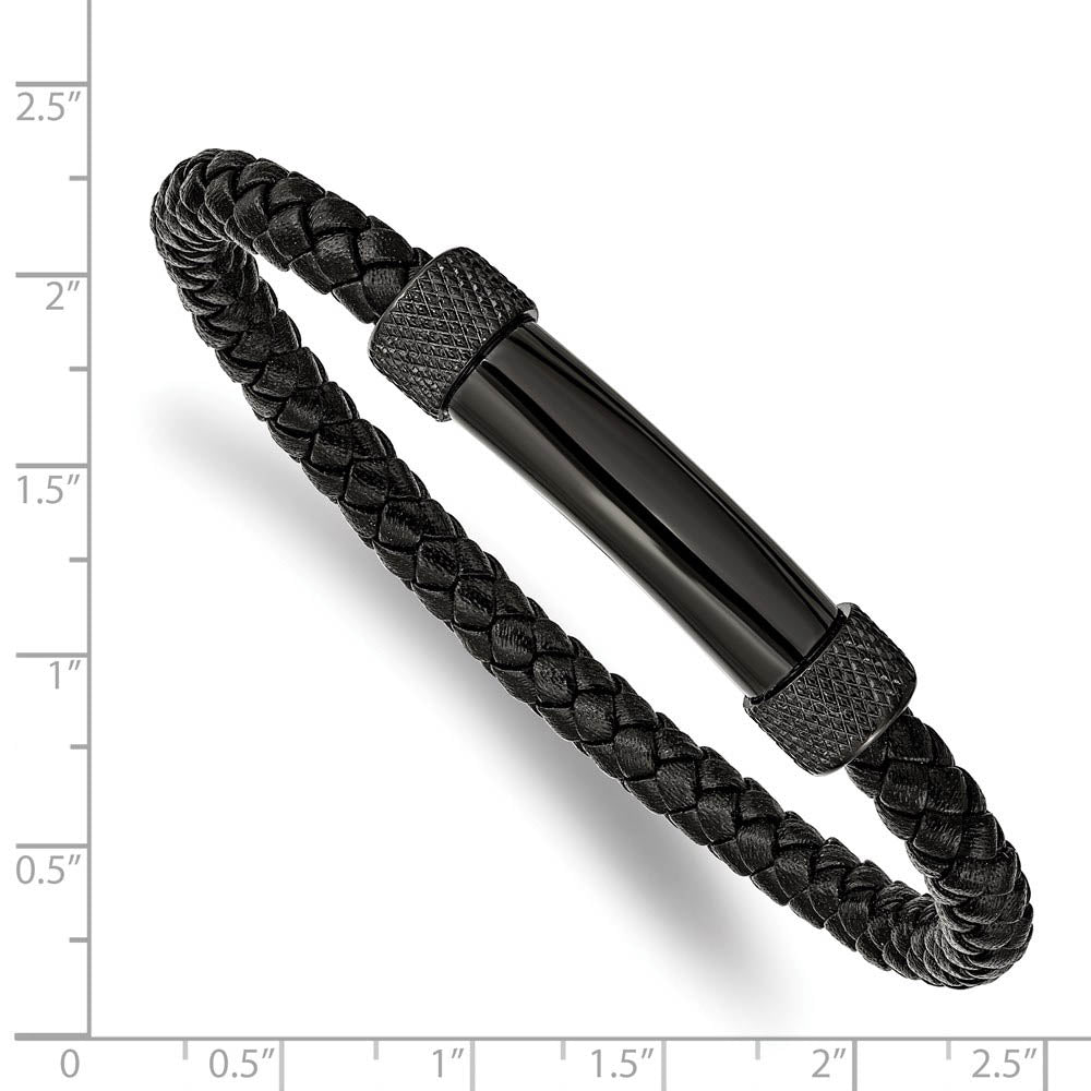 Alternate view of the Black Plated Stainless Steel & Black Leather Bar Bracelet, 8.25 Inch by The Black Bow Jewelry Co.