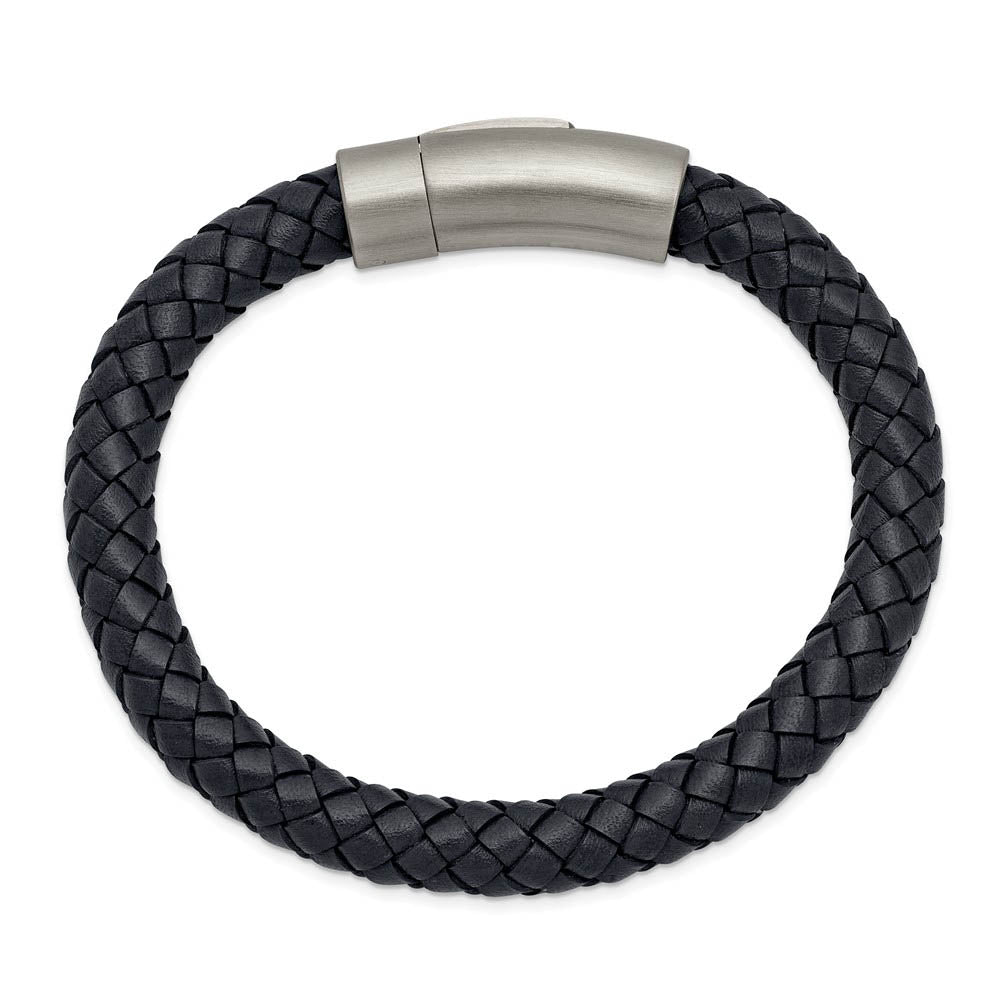 Alternate view of the 7.8mm Stainless Steel Dark Gray Leather Braided Bracelet, 8.25 Inch by The Black Bow Jewelry Co.