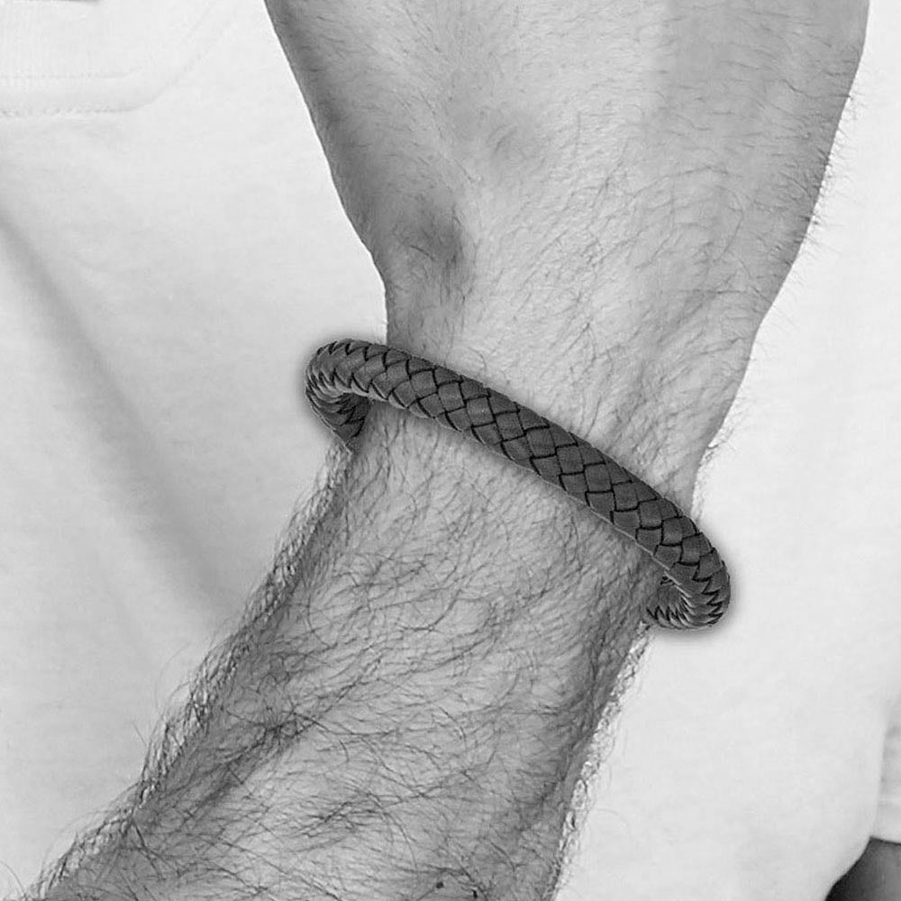 Alternate view of the 7.8mm Stainless Steel Dark Gray Leather Braided Bracelet, 8.25 Inch by The Black Bow Jewelry Co.
