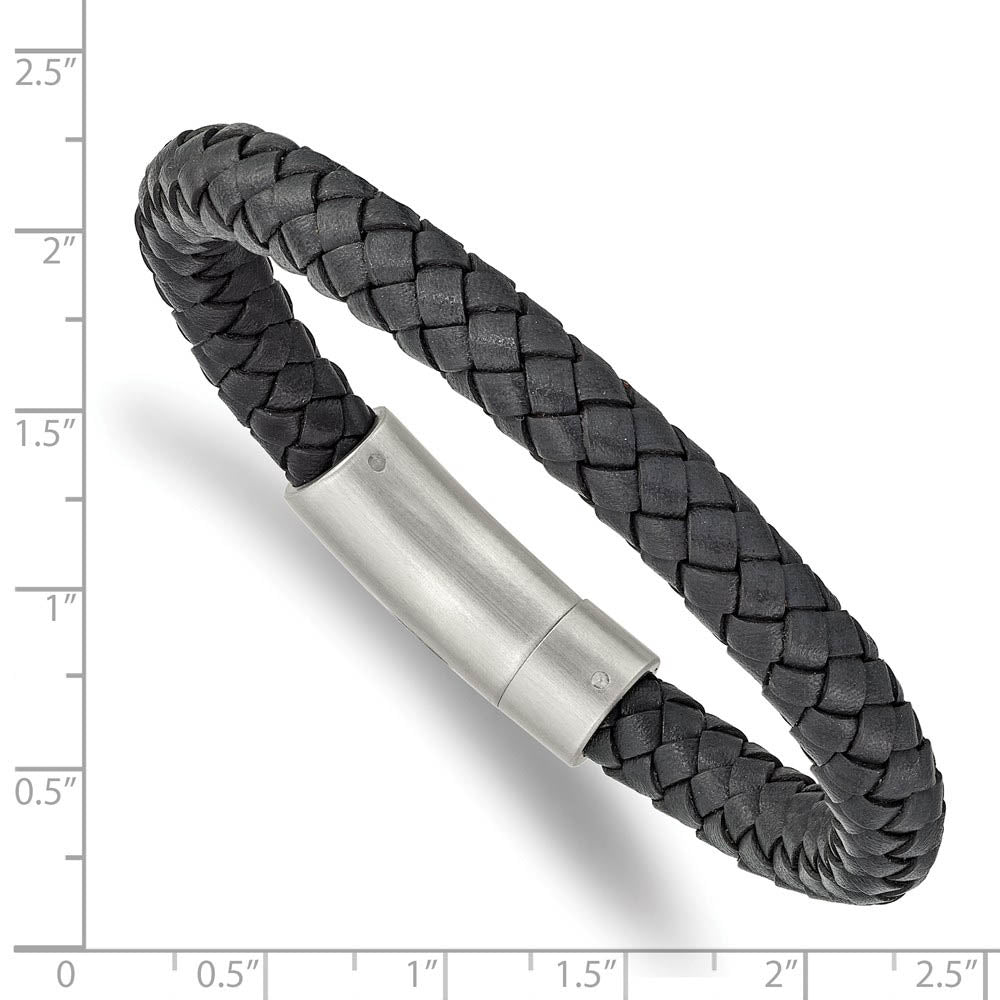 Alternate view of the 7.8mm Stainless Steel Dark Gray Leather Braided Bracelet, 8.25 Inch by The Black Bow Jewelry Co.