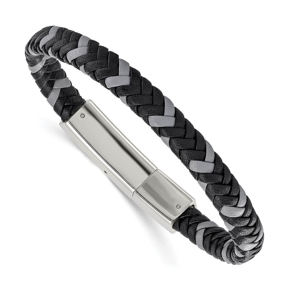 7mm Stainless Steel, Black &amp; Gray Braided Leather Bracelet, 8 Inch, Item B18926 by The Black Bow Jewelry Co.